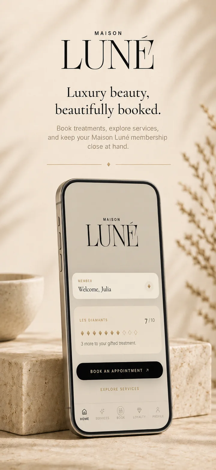 Maison Luné app: home screen with membership and booking