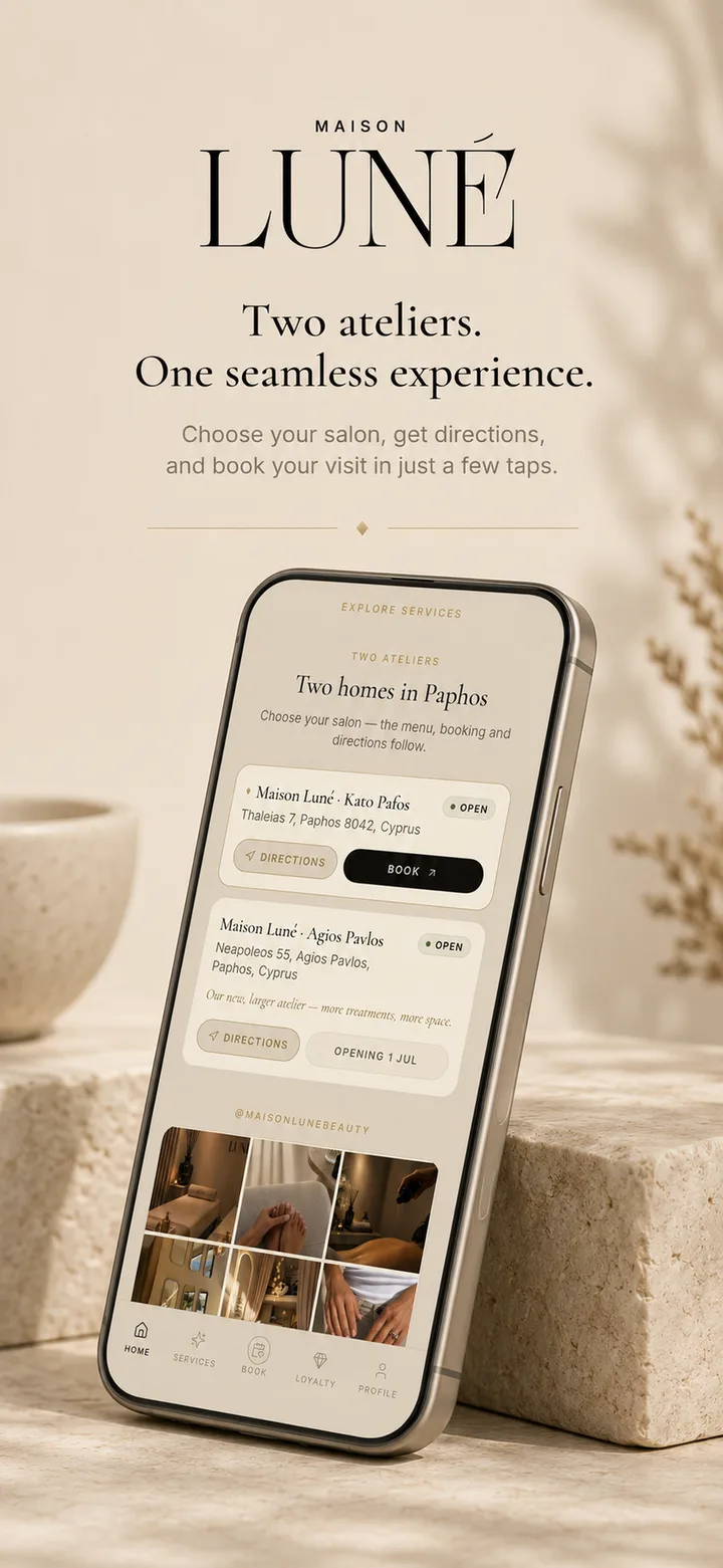 Maison Luné app: two salon locations in Paphos