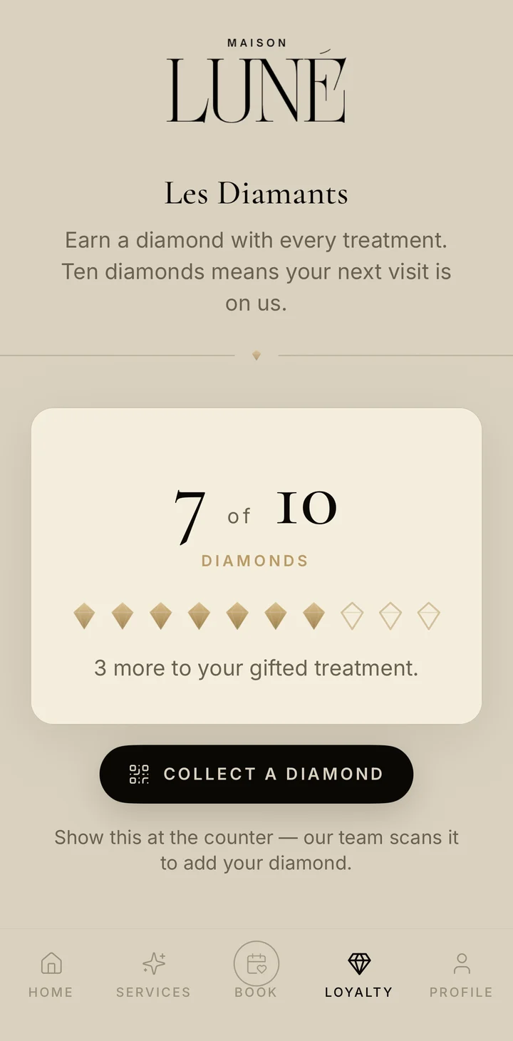 Maison Luné app loyalty screen
