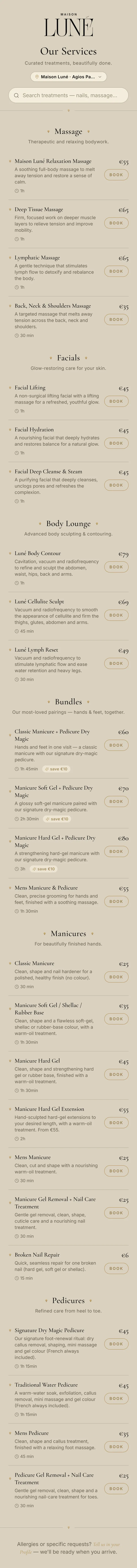 Maison Luné services menu