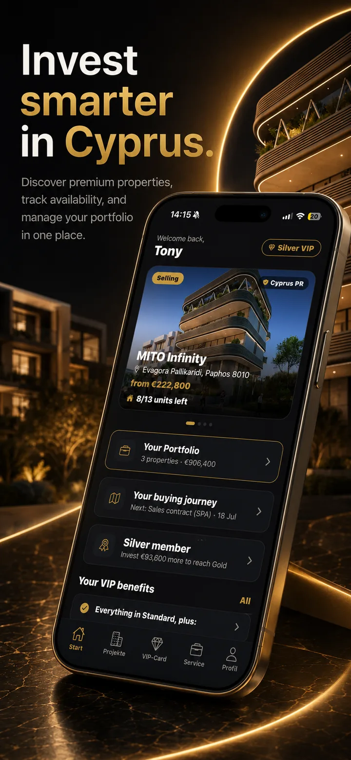 MITO Developments app: investor home with portfolio and buying journey