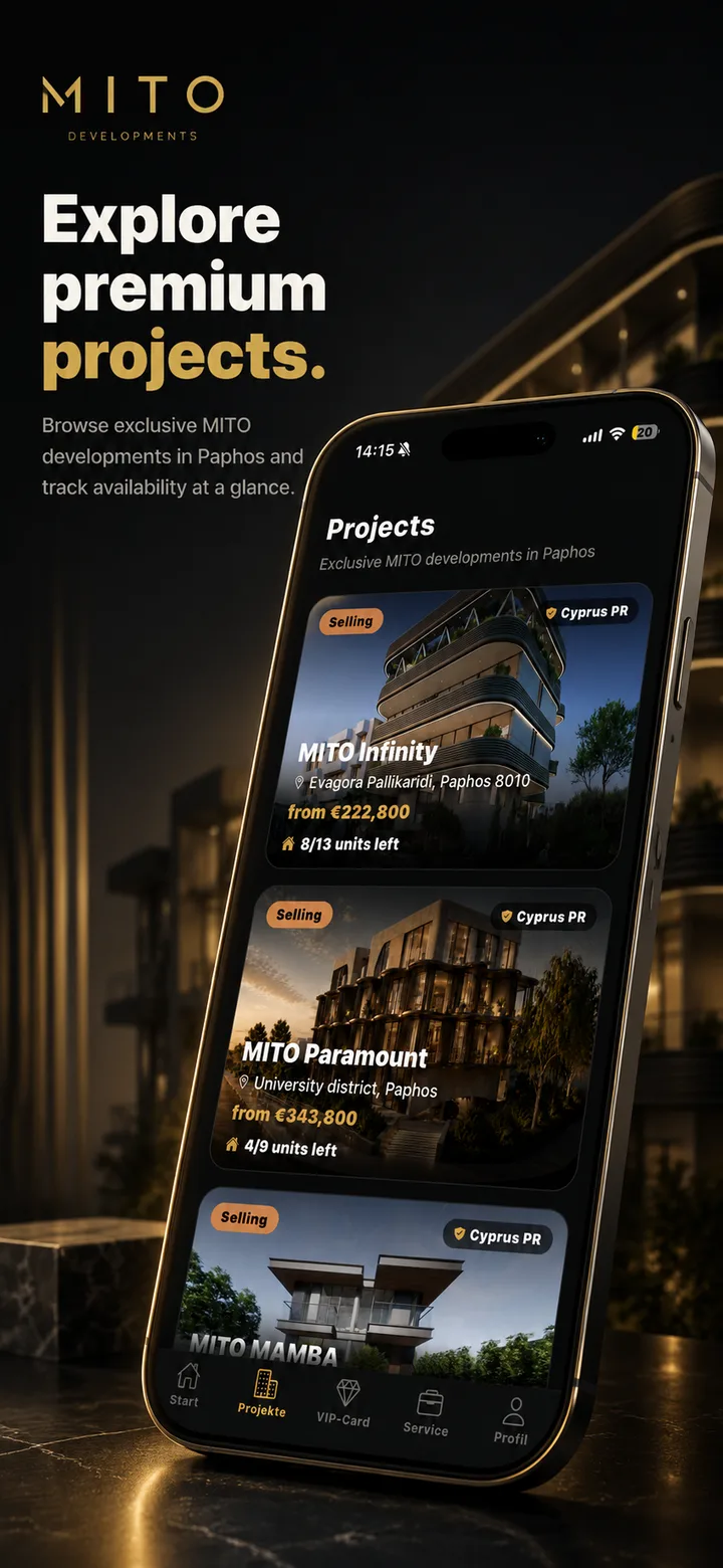 MITO Developments app: premium projects with live availability