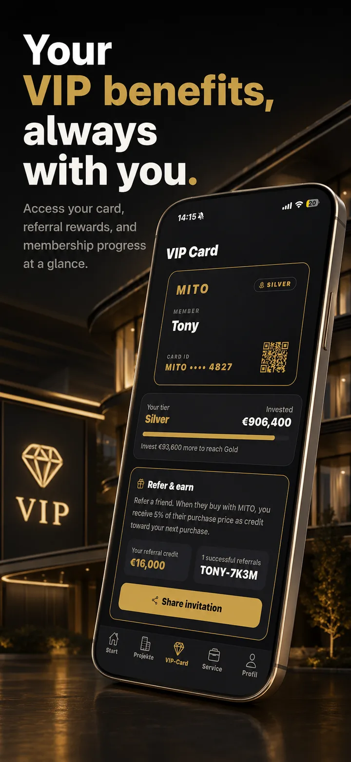 MITO Developments app: VIP card with tiers and referral rewards