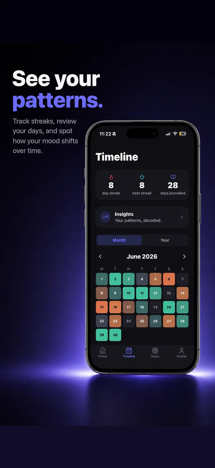Vojo app: timeline with streaks and mood calendar