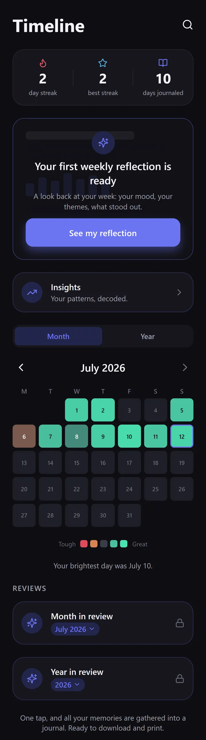 Vojo app timeline with mood calendar